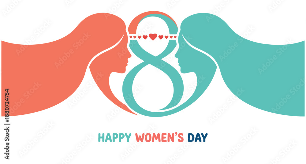 Naklejka premium Happy Women's Day Illustration with Female Silhouettes and Number Eight Design - March 8th Greeting