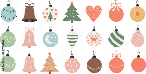 Christmas ornament illustration set with hanging baubles bells and trees, pastel holiday decoration collection for winter celebrations and festive designs in flat vector style