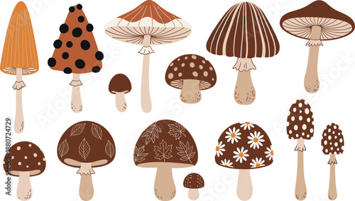 Hand drawn mushroom illustration set with various forest fungi shapes and patterns, earthy botanical collection for autumn nature designs and decorative flat vector artwork