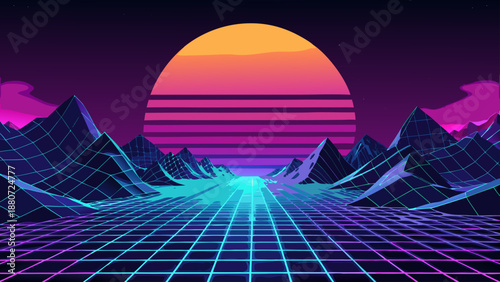 Retro futuristic sunset over mountains
