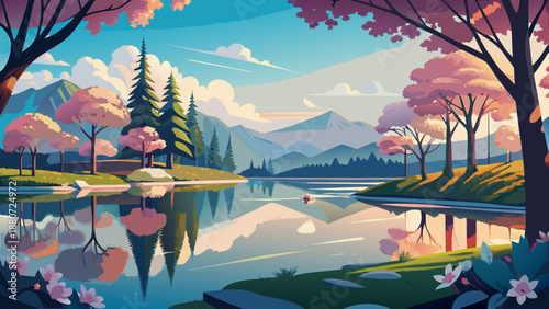 Serene lakeside spring scene