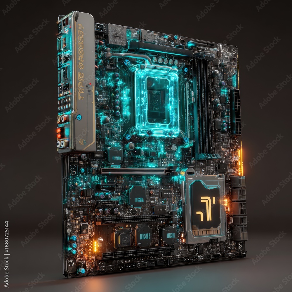 Fototapeta premium Detailed closeup of a complex motherboard with glowing teal and orange accents presented on a dark background