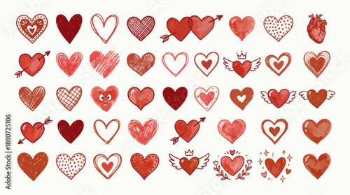 Heart Icon Vector Grid – Artistic Love Symbol Collection, Romantic Clipart with Peace, Music, Infinity, Wings, and Hand Gestures for Valentine’s Day Designs