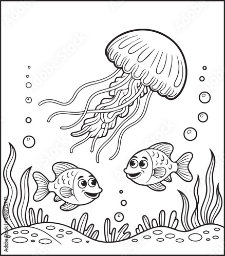 Cute jellyfish in ocean underwater scenery black line art vector for kids coloring page
