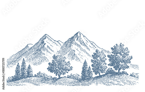 Vintage illustration of majestic mountains with trees and rolling hills in a classic engraving style.