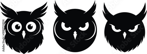 Owl Face Emotions Silhouette Set Vector