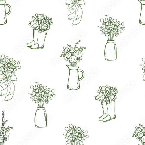 Wallpaper Mural Cottagecore seamless pattern with coquette hand drawn doodles. Gardening elegance design. Vintage cottagecore print for fabric Torontodigital.ca