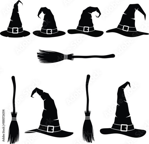 Witch Hat And Broom Set Vector
