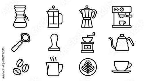 Coffee icons set. Barista equipment brewing tools vector line art. Espresso machine grinder moka pot french press symbols. Minimalist linear design for cafe menu and shop branding.