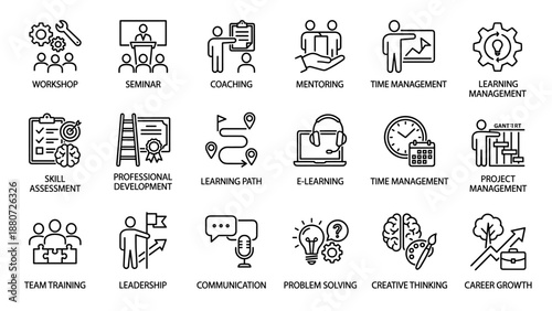 Training and skill development line icons set. Workshop seminar coaching mentoring skill assessment. Business education learning symbols. Professional career growth. Human resource.