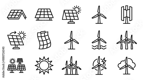 Renewable energy line icons set. Solar panel and wind turbine collection. Green electricity concept. Sustainable power symbols. Eco friendly technology. Photovoltaic. Clean power.