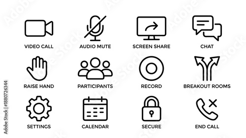 Video conference line icons set. Online meeting interface symbols collection. Minimalist vector web buttons. Digital remote work communication. Business webinar UI. Mute, chat, share.