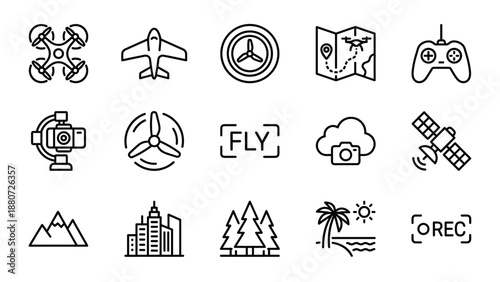 Drone aerial photography line icons set. Quadcopter technology. Remote control. Gimbal camera. Satellite. Propeller. Minimalist vector style. Surveillance. Flying gadget. Digital map.
