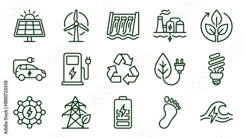 Sustainable energy line icons set. Green power vector symbols. Renewable resources. Solar panel wind turbine recycle electric car battery. Ecology concept. Environmental protection.