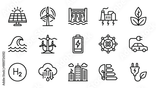 Sustainable energy line icons set. Green power vector symbols. Renewable resources. Solar panel, wind turbine, electric car. Eco friendly electricity. Minimalist outline design.