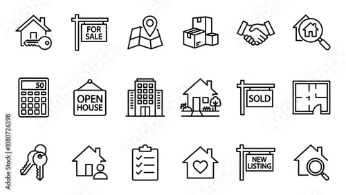 Real estate line icons set. Residential property sale symbols. Minimalist vector home buying collection. Mortgage, realtor, broker, apartment, investment. Thin stroke style.