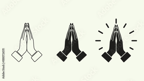 Prayer Hands Silhouette Vector – Three Stylized Icons Showing Line Art, Solid Black, and Radiating Gesture for Spiritual, Greeting, and Minimalist Design Themes