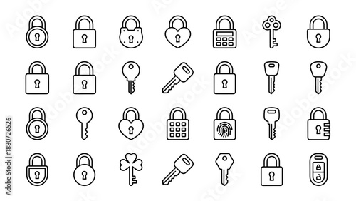 Vector set of padlock and key line icons. Security access symbols. Protection and privacy sign. Minimalist lock collection. Safe password. Safety system element. Digital encryption.