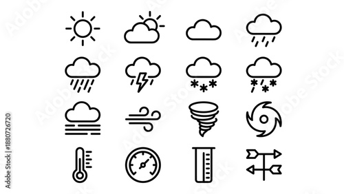 16 Weather forecast line icons set. Meteorology symbols collection. Climate season elements. Minimalist vector style. Sun rain storm snow cloud wind fog lightning thermometer gauge