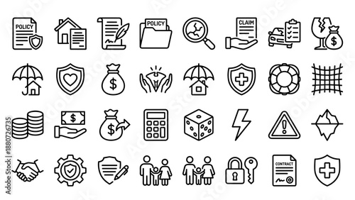 Insurance line icon set. Business protection symbols. Risk management signs. Financial safety coverage. Policy claim document. Health life car property assurance. Minimalist outline.