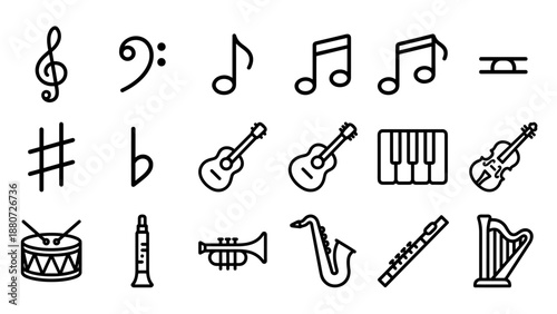 Musical instrument line icons. Minimalist vector notes. Treble clef guitar piano violin drum trumpet saxophone harp. Orchestra melody sound. Linear outline style graphic design.