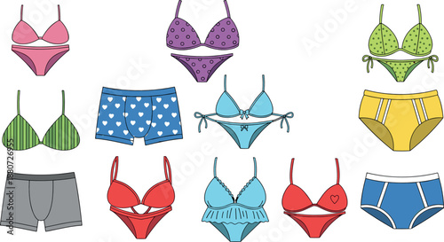 Women underwear and lingerie collection illustration featuring bras panties and briefs in various colors and styles, modern flat vector set for fashion design