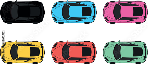 Top view sports car collection in multiple colors, modern vehicle silhouettes set, flat vector illustration for automotive design, transport concepts, and branding projects
