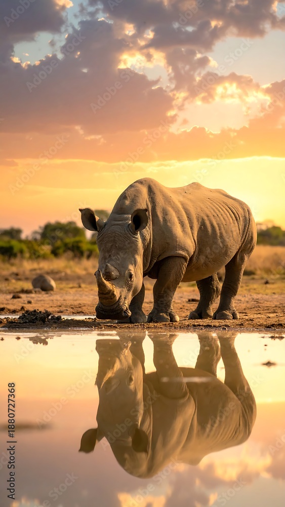 Obraz premium A rhino drinks water with a golden sunset in the background