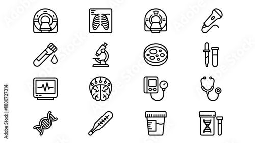Medical diagnostics line icons. Healthcare vector set. MRI, X-ray, microscope, DNA, stethoscope, blood test. Hospital equipment symbols. Clinical exam signs. Medical checkup elements