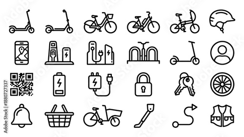 Modern micro mobility line icon set. Electric scooter, city bike, e-bike, bike sharing, helmet, charging station, QR code, mobile app map, lock, keys, wheel, route and transportation concept