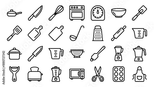 Black line kitchen utensil vector icon set. Cooking tools and appliances outline design. Knife, pan, whisk, oven, grater, blender, pot, cutting board, rolling pin, and measuring cup icons.