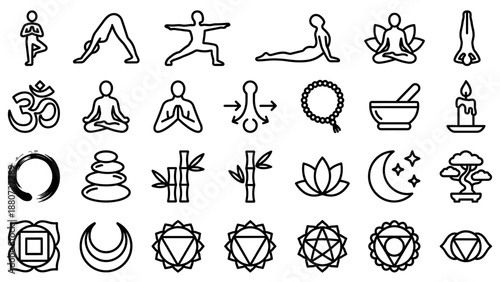 Minimalist vector icon set of 24 yoga and meditation symbols. Mindfulness poses, chakras, lotus, zen balance, breathing, calm energy, relaxation, wellness and spirituality line design icons
