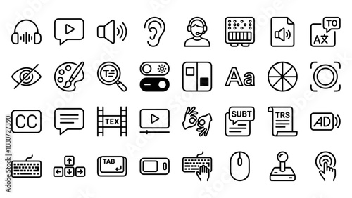Accessibility and inclusive design vector line icon set of 32 symbols for screen reader, captions, hearing impairment, braille, keyboard, assistive technology, and visual support