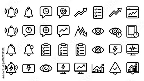 Vector line icon set of 30 icons showing real-time market alerts, bell notifications, volatility, watchlist monitoring, analytics, system updates, performance tracking, and trend analysis symbols