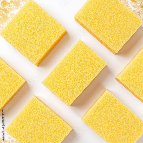 Different Yellow Cleaning Sponges Arranged on a Surface for Various Cleaning ...