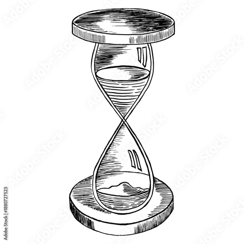 Hourglass in monochrome style. Clock with flowing sand. Vector black and white sketch hand drawn illustration