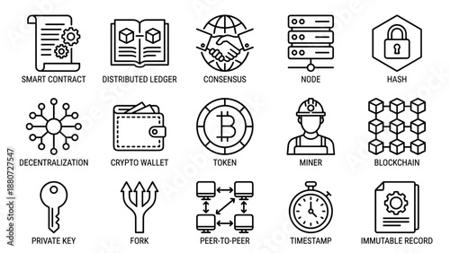 Blockchain technology line icons. Smart contract, distributed ledger, consensus, node, hash. Cryptocurrency symbols. Decentralization, wallet, token, miner. Digital money concept.