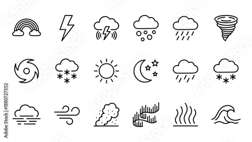 Set of 18 weather phenomena line icons. Meteorological symbols. Rainbow, lightning, hail, tornado, hurricane, sun, snow, wind. Vector linear outline signs. Nature forecast concepts.