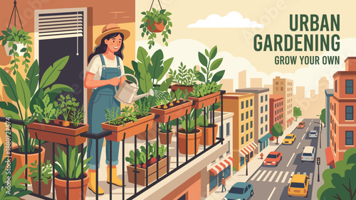 Urban gardening concept. Happy woman watering plants on balcony. Flat vector illustration. Female gardener caring for vegetables. Sustainable lifestyle. Home hobby. Green living.