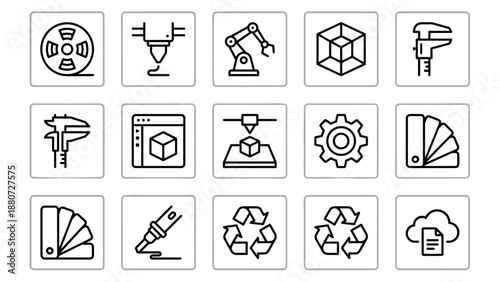 3D printing line icons set. Additive manufacturing, prototyping symbols. Industrial design technology. CAD modeling, filament extruder, engineering tool. Minimalist vector outline.