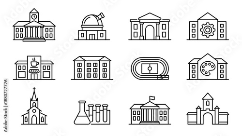 University campus buildings line icons set. College education architecture symbols. School academic facilities. Library, science, stadium, art. Linear vector outline. Graphic design.