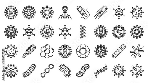 Virus bacteria microorganism structure line icon set. Pathogen microbe germ cell DNA outline. Medical science biology infection disease concept vector collection
