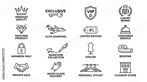 Luxury shopping line icons set. High-end retail symbols. Exclusive VIP service. Bespoke fashion atelier. Concierge. Limited edition signature. Members only private sale elite.