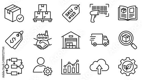Product management line icons set. Inventory logistics symbols. Supply chain distribution. Warehouse stock shipping delivery vector. Commerce business SKU barcode pricing catalog graph.