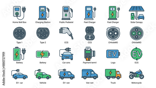 Electric vehicle charging icons set. EV station symbols. Flat vector car charger battery plug connector. Green energy sustainability. Eco automotive transport technology. Power supply.
