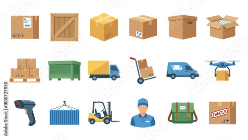 Logistics delivery icons set. Shipping cargo transport. Warehouse supply chain freight. Merchandise storage. Truck van forklift drone courier. Business distribution flat vector.