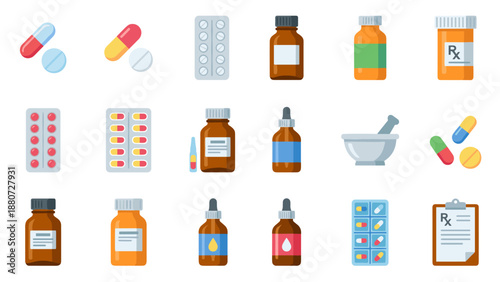 Pharmacy icons flat vector set. Medical pills bottles and blister packs. Healthcare drugs capsules tablets. Treatment vitamins antibiotics. Medicine symbols. Pharmaceutical design