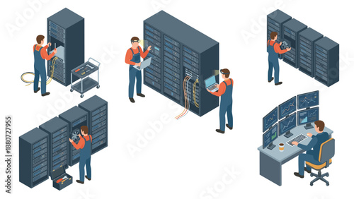 Isometric server room maintenance set. Data center technician repairing hardware. IT network engineer. Computer infrastructure support. System diagnostic. Server rack repair service.