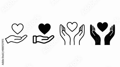 Hand Holding Heart Vector Icons – Care and Love Symbol Set, Minimalist Line and Solid Clipart for Support, Protection, Charity, and Emotional Connection Designs