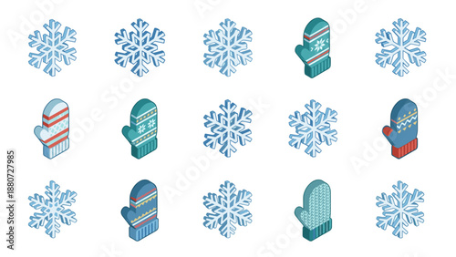 Isometric winter icons set. 3D snowflakes and knitted mittens. Cold season symbols. Blue snow crystals. Christmas decor. Frosty weather design. Geometric ice shapes. Vector art.